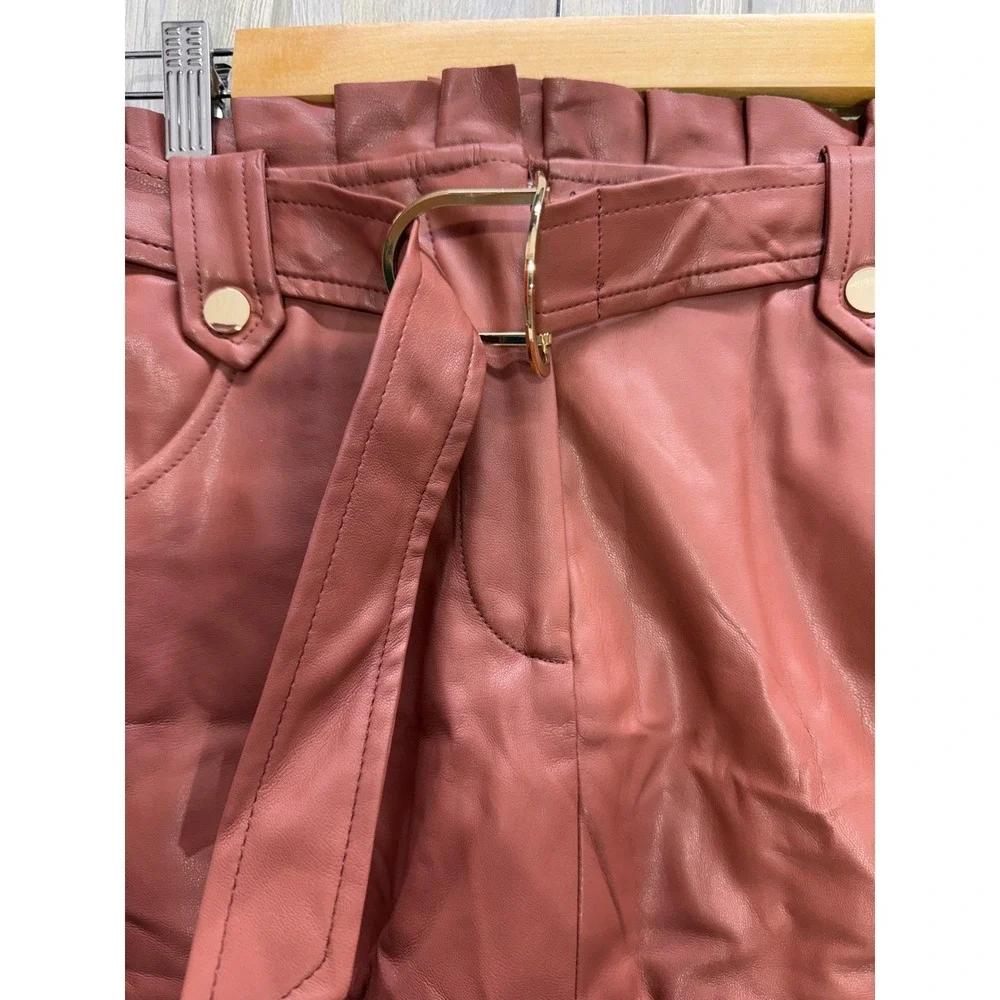 Zara Faux Leather Paperbag Mini Skirt Rust Brown Pleated Ruffle Belted XS